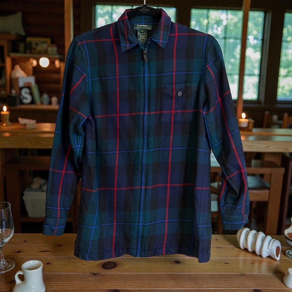 Lauren Ralph Lauren Shirt Blue S Womens Plaid Zip Up Long Sleeve Shacket